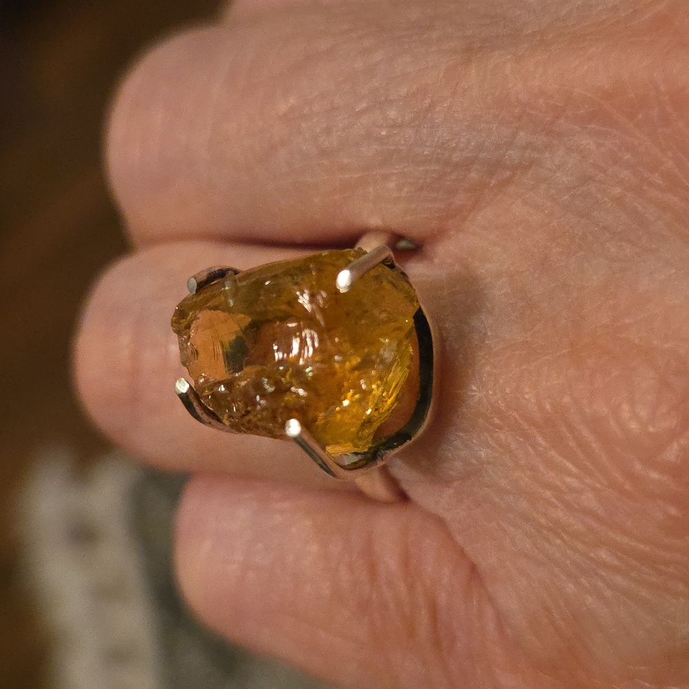 Artisan crafted rough cut Brazilian Citrine ring in sterling silver, size 8.